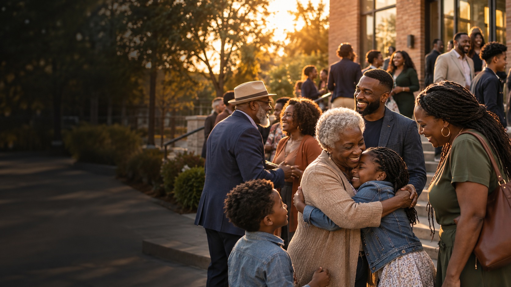 Families and neighbors warmly greeting each other at a community gathering